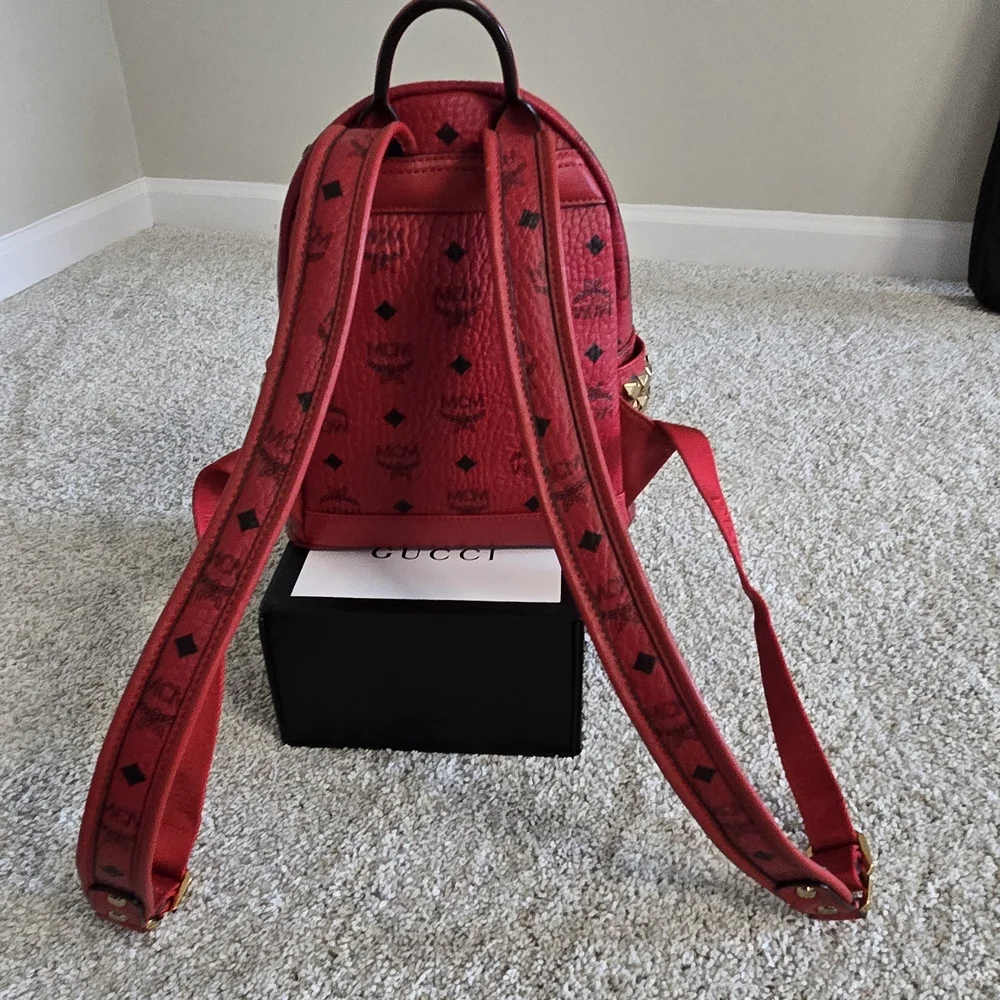 MCM Scarlet Red Backpack with Gold Accents - Picture 4 of 4